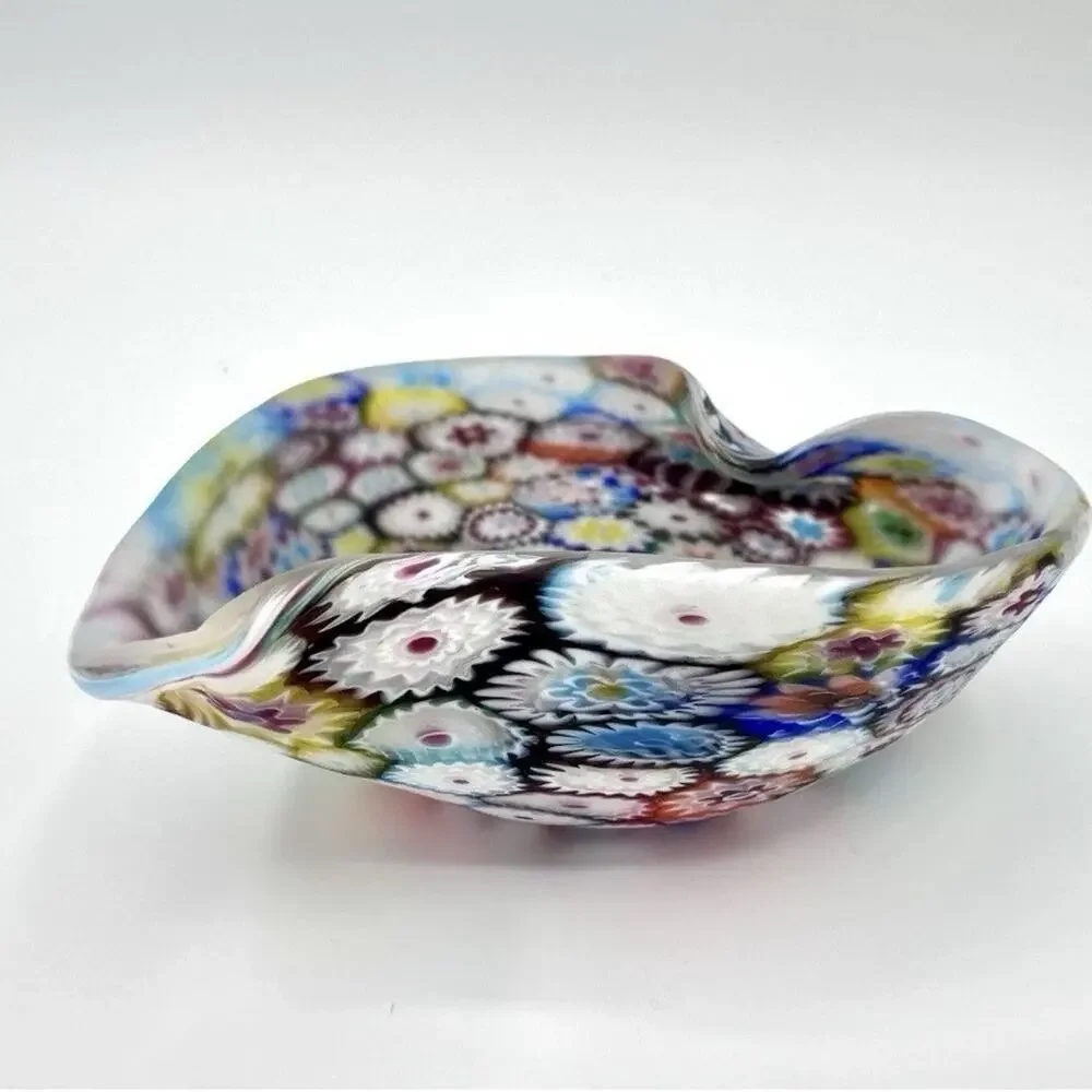 Murano Millefiori Ruffled 3” Vase Holder & Shell Like Dish Fratelli Toso ITALY